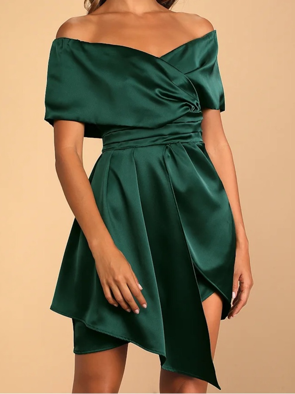 Lulus Always Celebrating Dark Green Satin Off Shoulder Mini Dress L NWT